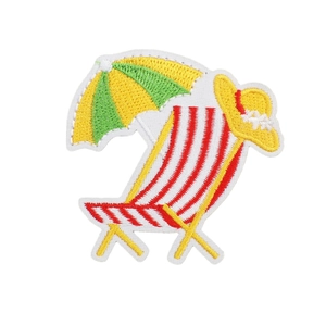 Summer beach embroidery patches with sun umbrella, deck chair and hat on white background