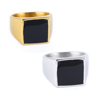 Square Signet Ring Stainless Steel Black Enamel Minimalist Geometric Polished Jewelry For Men And Women
