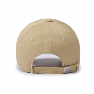 Back view of a khaki distressed baseball cap featuring an adjustable metal buckle strap