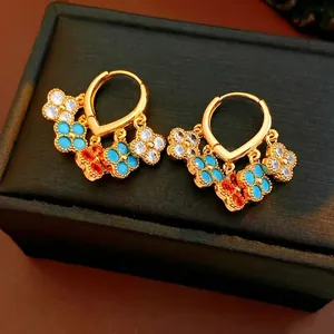 Vintage gold-plated floral earrings with colorful turquoise and zircon tassel charms