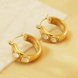 Chunky 18K gold plated stainless steel hoop earrings with square zircon stones for women
