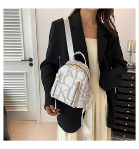 Close-up of stylish mini backpack with monogram print, gold zippers, and white shoulder strap