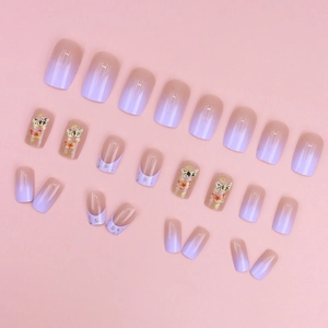 Purple ombre press-on nails with butterfly prints and French tips on pink background