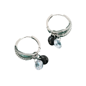 Elegant double hoop earrings with black beads and sparkling clear zircon tassels