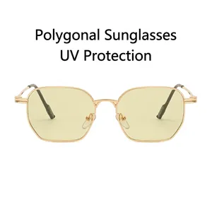 Retro oversized polygon sunglasses with gold metal frame and yellow UV400 lenses