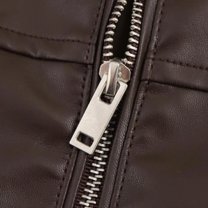 Vintage dark brown faux leather bomber jacket with detailed silver metal zipper closure