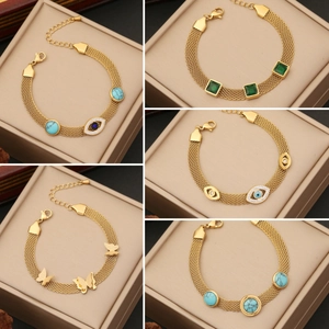 Stainless Steel Mesh Bracelet Women Personalized Evil Eye Butterfly Turquoise Roman Numerals Trendy Jewelry