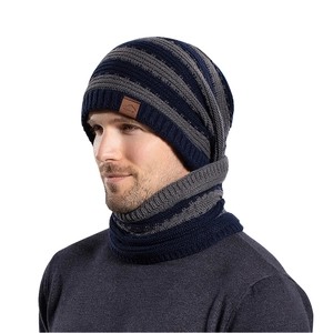 Winter knit beanie and neck warmer set with blue stripes and soft fleece lining