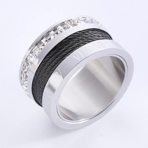 Wide stainless steel ring with square crystals, black cable inlay, and Roman numerals