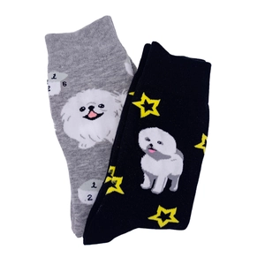 Cotton crew socks with cute cartoon puppy and star patterns in grey and black