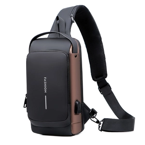 Mens black and brown waterproof crossbody chest bag with external USB charging port