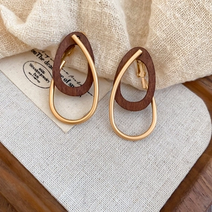 Détail de boucles d'oreilles en bois et or mat en forme de goutte sur toile de jute