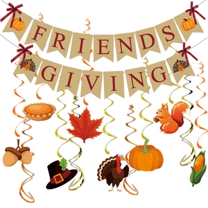 Friendsgiving Banner And Hanging Swirl Decorations Thanksgiving Party Decor Paper Harvest Autumn Turkey Pumpkin Maple Leaf