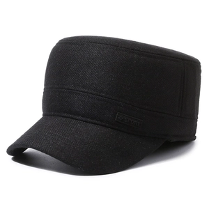 Men's winter fleece-lined flat top military cap in black with SPORT side label design