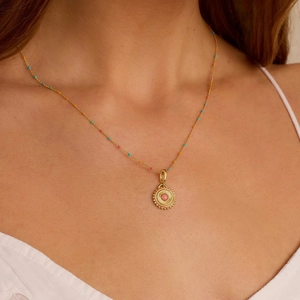 Gold coin necklace with sun pattern pendant, pink gemstone and colorful beads for women