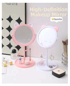 Cat-ear desktop makeup mirror with jewelry organizer branch and tray base in pink and white