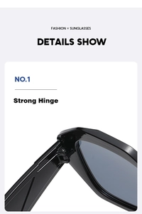 Detail view of reinforced metal hinges on square oversized black fashion sunglasses