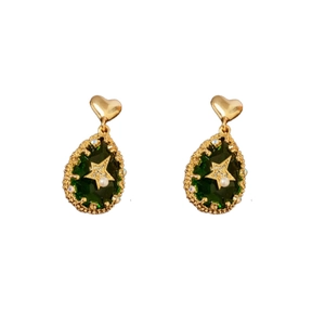 Gold-plated heart stud earrings with green teardrop pendants featuring stars and pearls