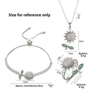 Detailed dimensions of emerald sunflower jewelry set including necklace, bracelet and ring