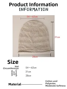 Détails des dimensions de ce bonnet en maille beige avec mesures de 28x31 cm