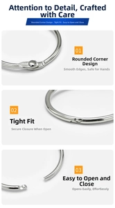 Detailed views of polished metal binder rings with smooth edges and secure locking system