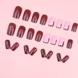 Festive dark red shimmer and pink Christmas hat press-on nail set in medium square shape