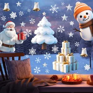 Detail of 3D snowman and Santa window stickers with snowflakes for festive home decor