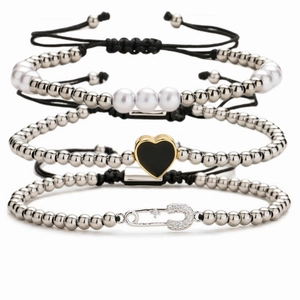 Adjustable Copper Heart Safety Pin Charm Bracelet With Zircon Micro Pave Imitation Artificial Pearl Woven Jewelry for Women