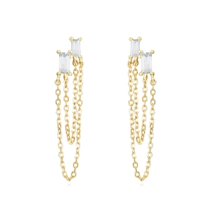 S925 silver needle gold earrings with rectangular zircon and long fringe chain tassels