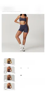 Detail of navy blue open-back sports bra and high-waist V-cut shorts on a fit model