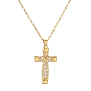 Vergoldete Kreuz-Halskette mit Mikro-Pave-Kristallen und Herz-Details für Damen