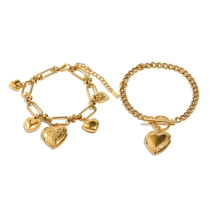 Polished gold stainless steel Cuban chain bracelet with heart pendant and OT toggle clasp