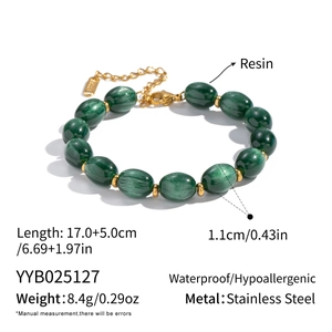 Detail view of green resin beaded bracelet with stainless steel waterproof extension chain