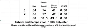 Size chart detail for button knit cardigan showing S M L chest and length dimensions