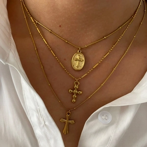 Cross Pendant Necklace 18K Gold Plated 316L Stainless Steel Beaded Chain Vintage Religious Fashion Jewelry For Women