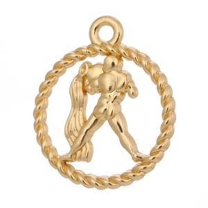 Close-up of golden Aquarius zodiac charm with hollow design and intricate rope edge detail
