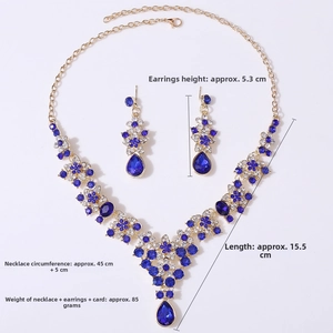 Detail view of crystal bridal jewelry set with dimensions and blue teardrop stones