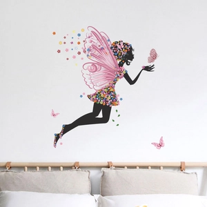 Sticker mural autocollant avec fée florale et papillons pour décoration de chambre