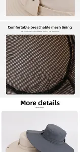 Detail of breathable black mesh lining and wide brim on waterproof outdoor sun hat