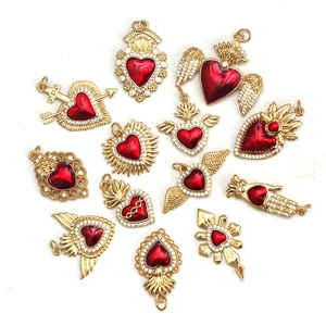 Golden heart pendants with red gems and rhinestones for DIY jewelry making