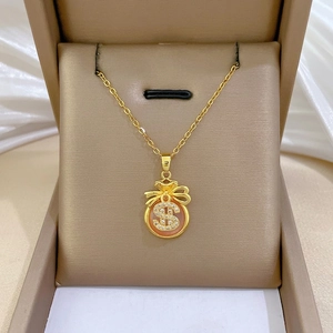 Lucky Money Bag Pendant Necklace With Rhinestone Dollar Sign Stainless Steel Chain Copper Jewelry For Women Gold