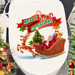Detailed view of Merry Christmas toilet lid sticker with Santa, reindeer and tree