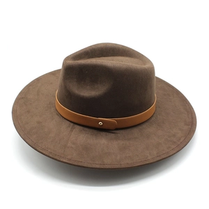 Classic dark brown wide brim fedora hat with faux leather band and gold rivet detail