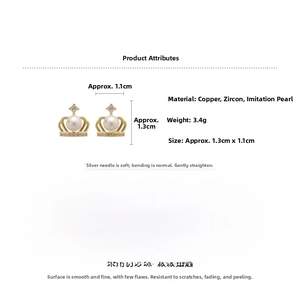Detail view of pearl crown earrings with dimensions 1.3cm by 1.1cm and silver needles