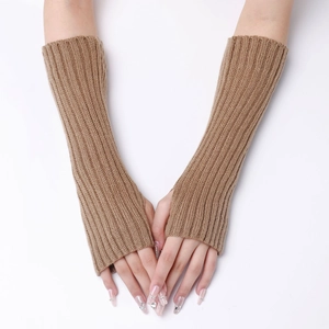 Close-up of camel ribbed knit arm warmers with thumbhole design and textured wool finish