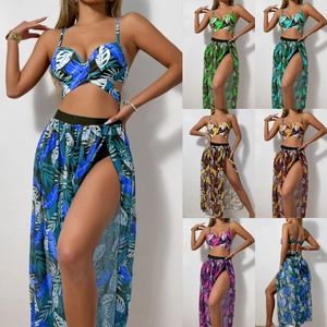 Women Tropical Leaf Print Bikini Top And Bottom With High Slit Mesh Long Skirt Halter Cross Tie Beach Swimwear