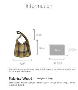 Size guide for a large yellow plaid wool tote bag showing dimensions and internal pockets