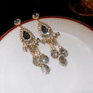 Vintage water drop tassel earrings with silver needles and smoke grey crystals