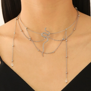 Roestvrij Stalen Slang Choker Ketting Met Legering Slang Hanger Gelaagde Strass Kwastje Ketting Hip Hop Vrouwen Sieraden