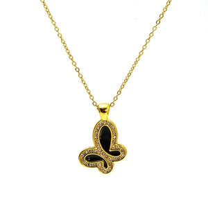 18K gold butterfly necklace with black enamel inlay and sparkling crystals for women